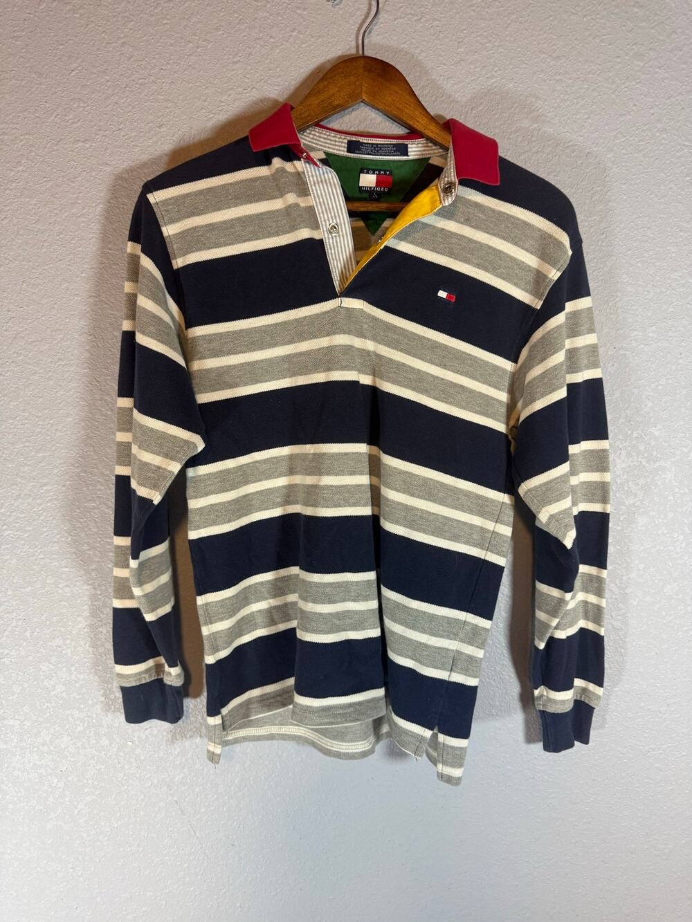 Tommy Hilfiger Mens Large Striped Rugby Shirt Navy Gray Red Collar